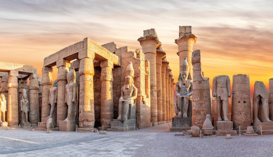 Second Pylon of the Luxor Temple, beautiful sunset panorama, Egypt